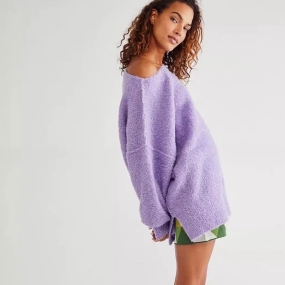 Free People Moira Slouchy Sweater Tunic Purple White‎ Boucle Oversized M